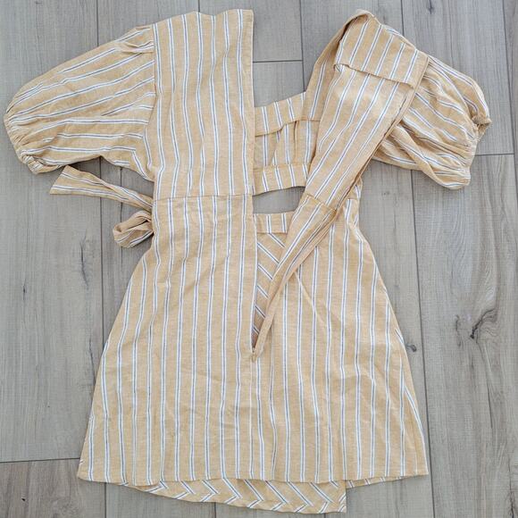 ZARA Linen Blend Striped Yellow/White Mini Cut Out Tie Waist Dress Women Sz L - Picture 10 of 15